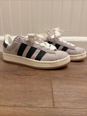 Adidas Campus Suede Sneakers in Light Gray with Black Stripes
